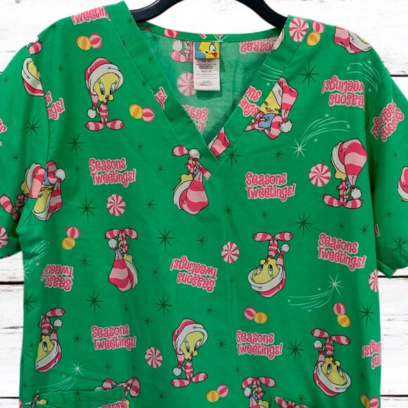 Looney Tunes Women's Tweety Bird Christmas Nursing Medical Scrub Top Size XL - Picture 2 of 9